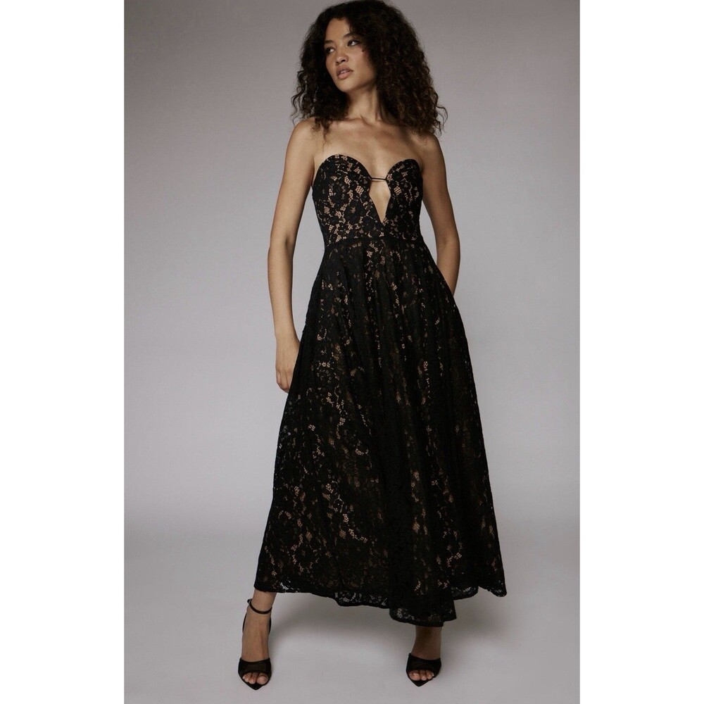 Bardot Opal Volume Lace Midi Dress In Black Size:6/M $249